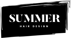 Minimalist logo for Summer Hair Design in white on black.