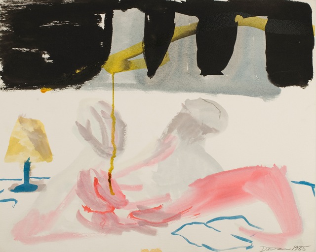 Abstract painting with soft pastel colors and bold black strokes.