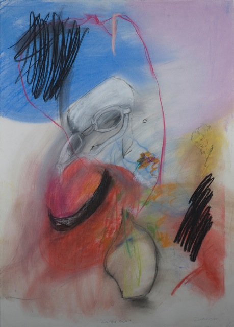 Abstract painting with vibrant colors and bold black scribbles.