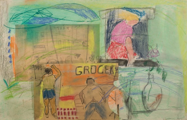 Abstract pastel drawing featuring figures, a grocer sign, and a vase with leaves.