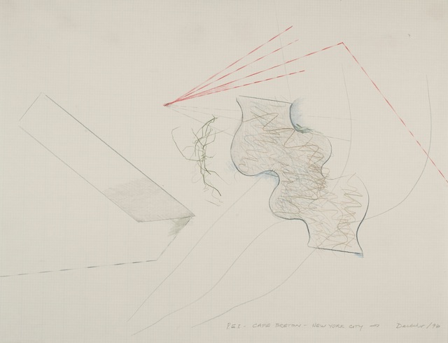 Abstract architectural sketch with curved and angular shapes in pencil and colored lines.
