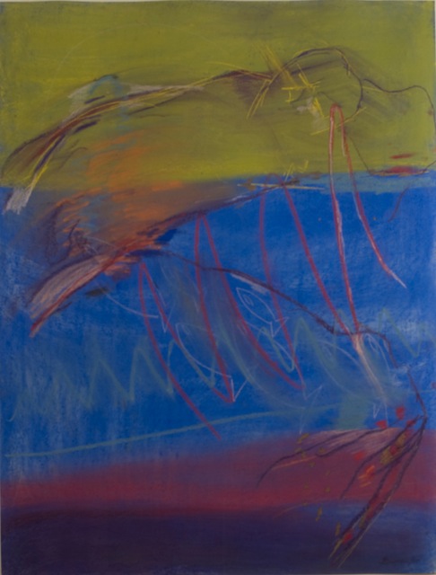 Abstract painting with dynamic lines and vibrant colors blending blue, red, and green.