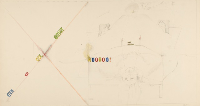 Abstract sketch of a reclining figure with colorful scattered letters and words.