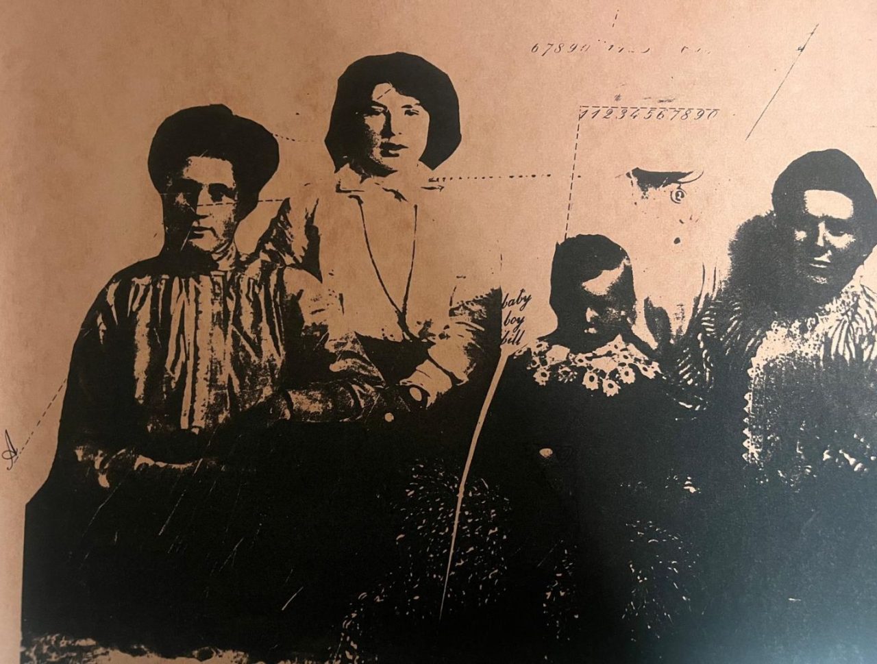 Vintage sepia photo of four women in traditional attire.
