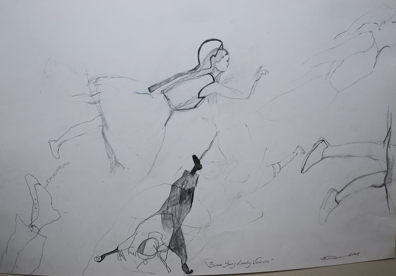 Sketch of a dancer mid-movement with abstract lines and a bird below.