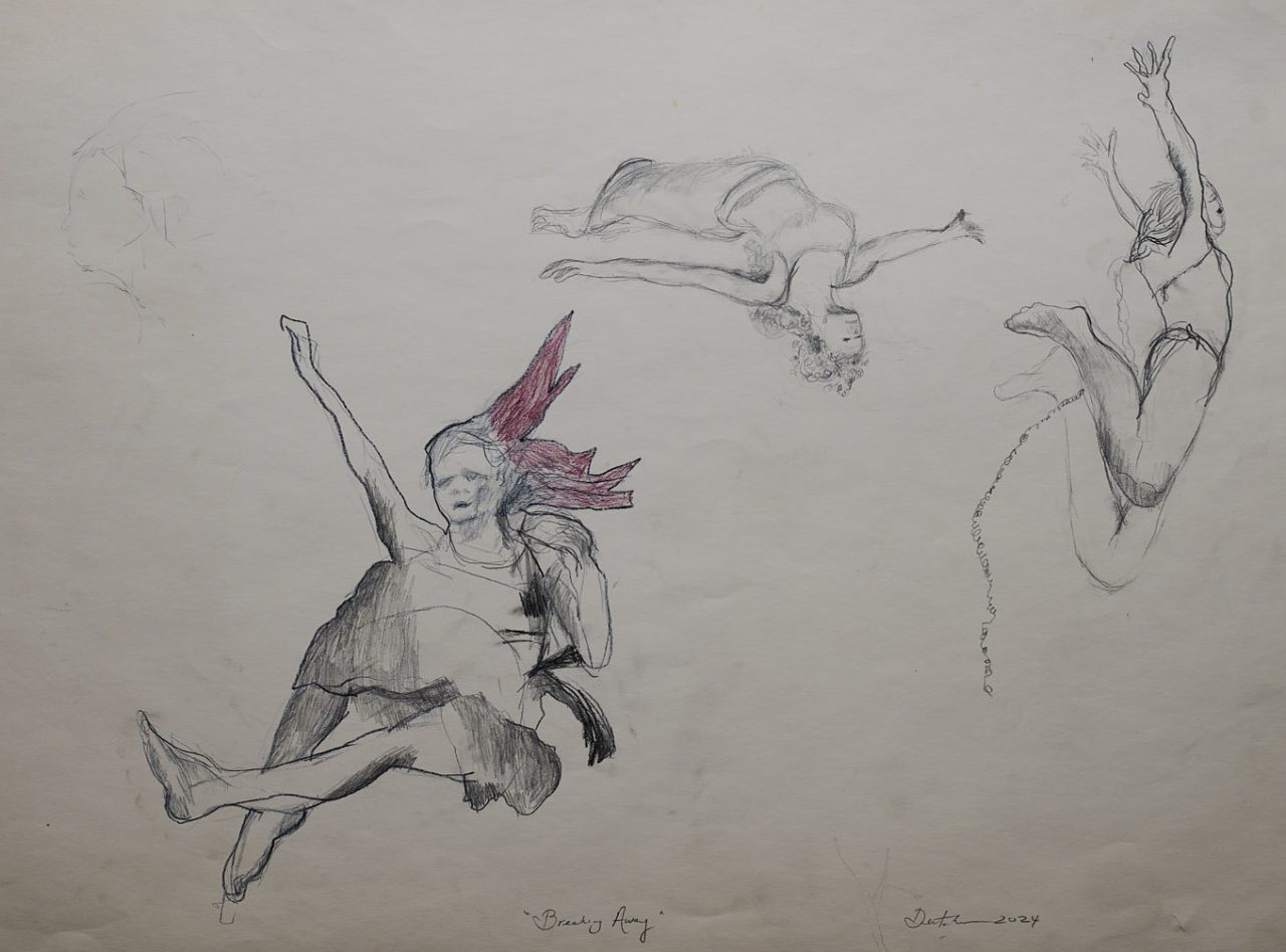 Sketch of two playful children, one riding on the other's back, with a flying bird above.