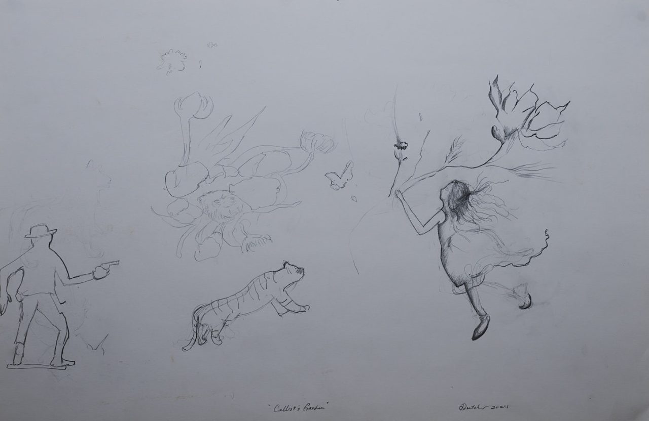 A whimsical sketch of a girl dancing with a flower and a tiger nearby.