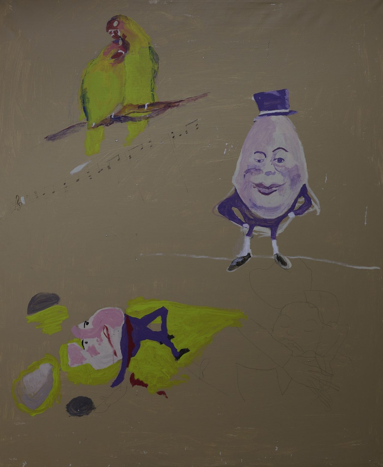 Whimsical characters including a green bird and a purple egg-shaped figure with a hat.