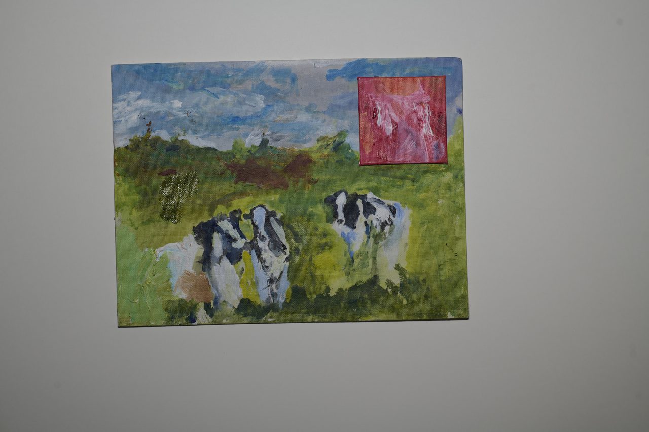 Painting of cows grazing in a green field under a partly cloudy sky.