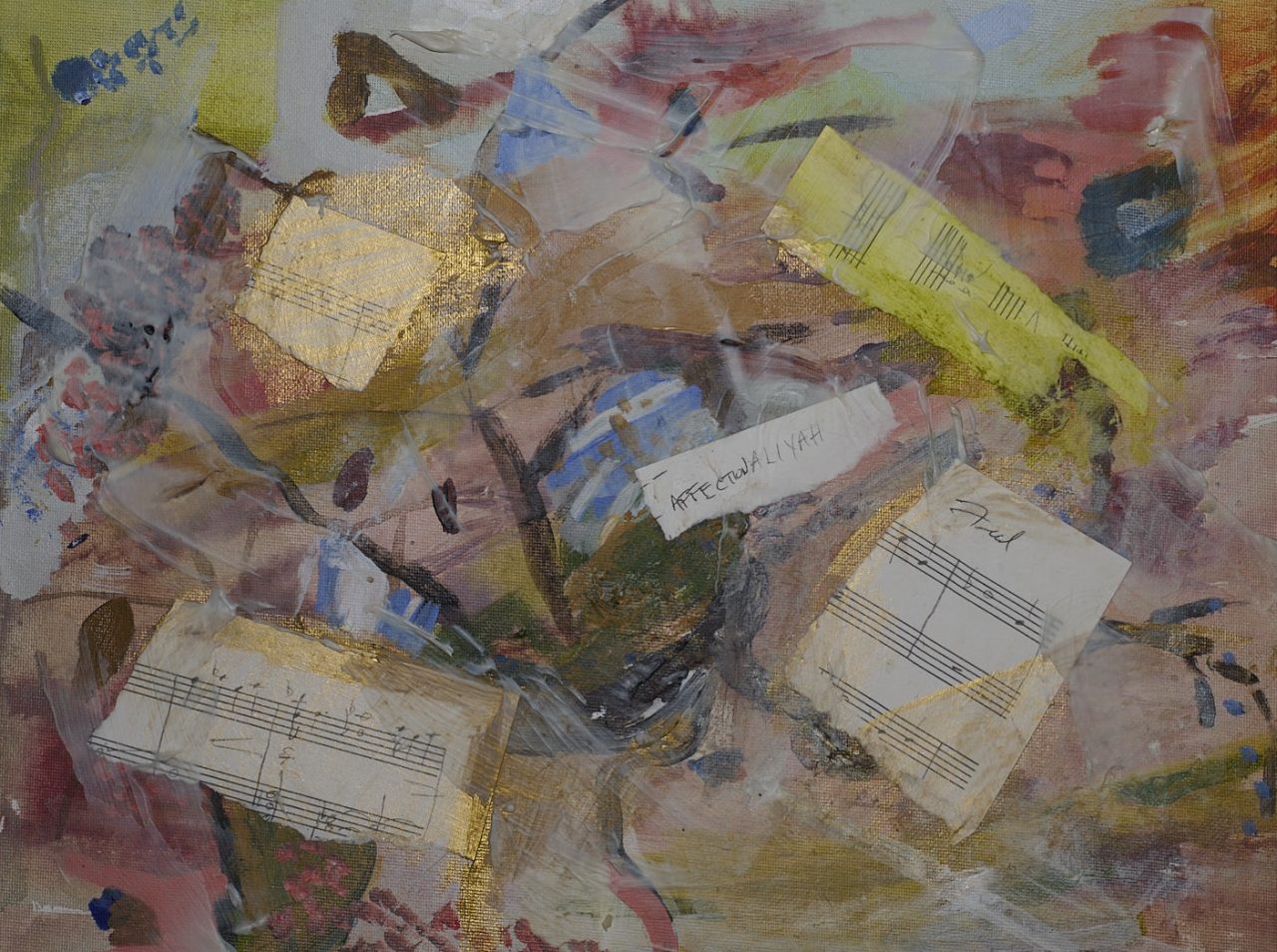 Abstract collage with torn paper and paint textures.