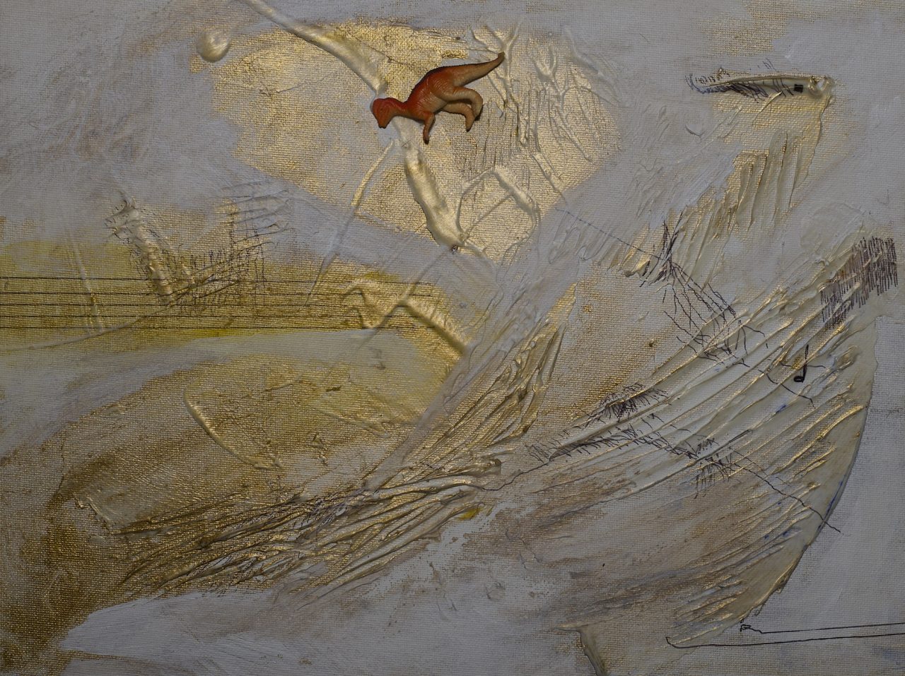Ancient cave painting depicting a hunting scene with animals and human figures.