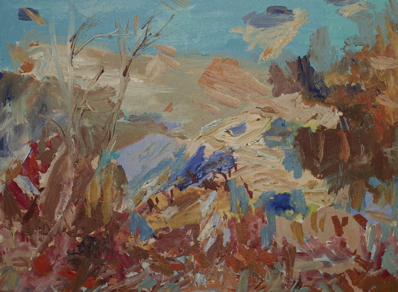Abstract landscape painting with earthy tones and textured brushstrokes.