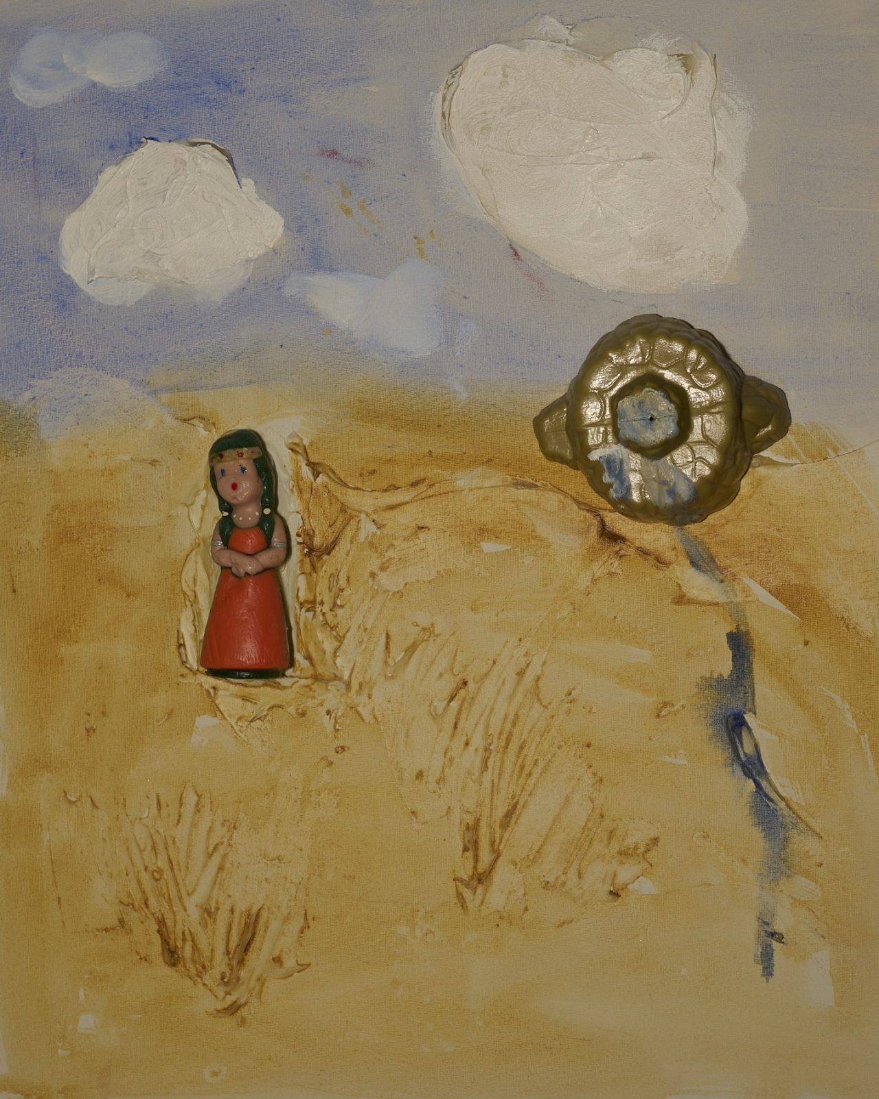 A girl in a red dress and a large clock face in a surreal desert scene.