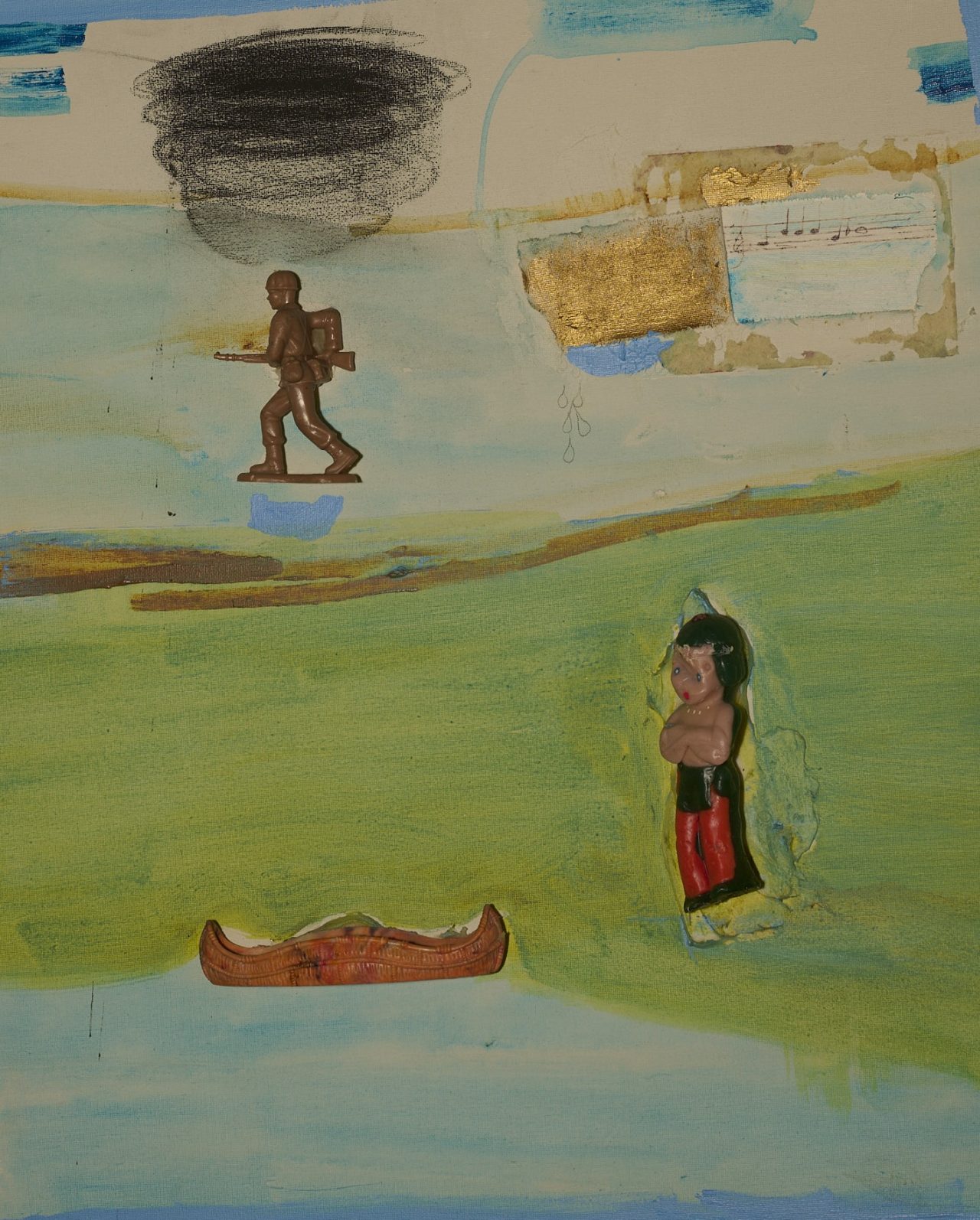 Abstract painting with human figures and objects on a green background.
