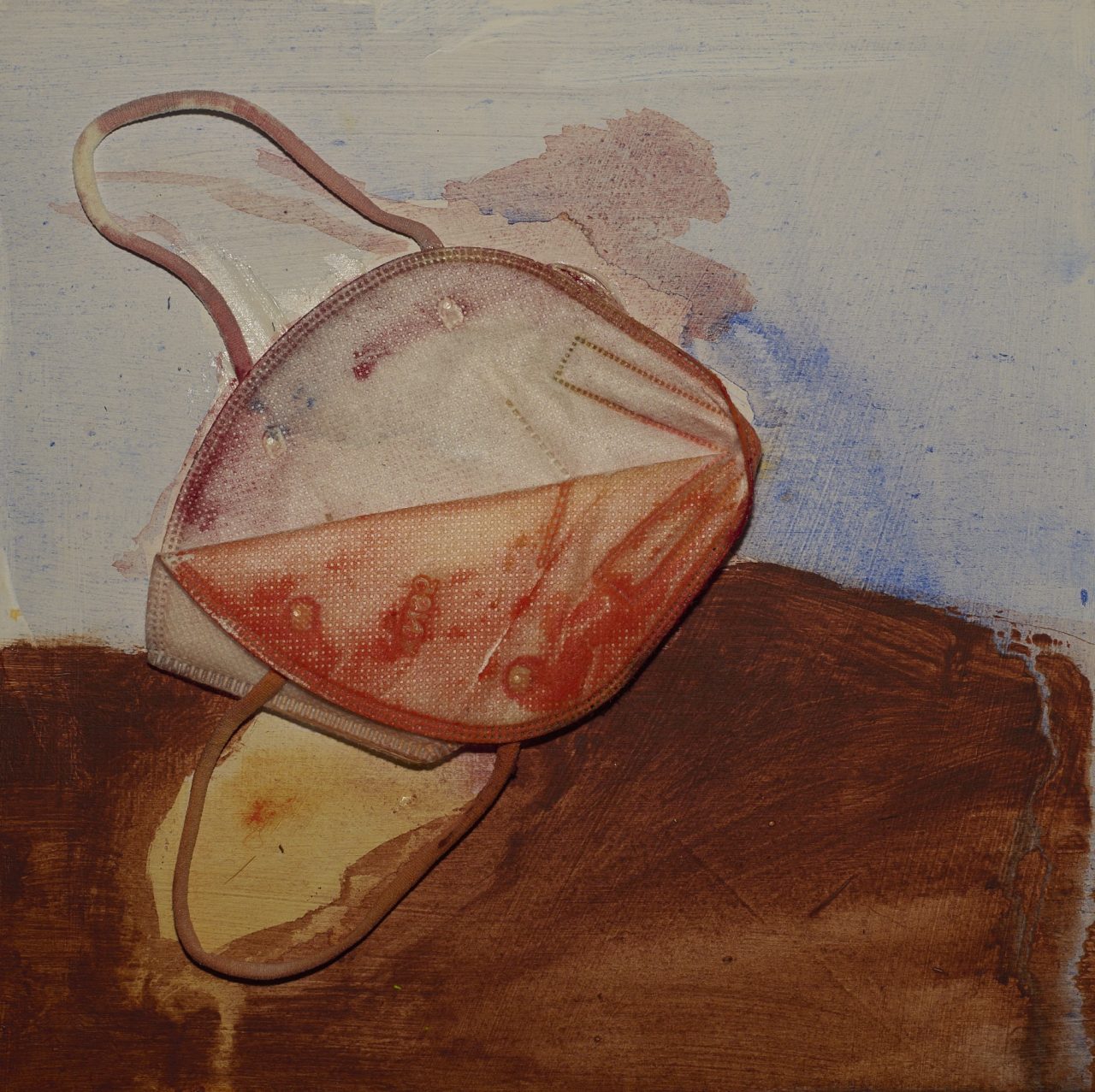 Abstract painting of a tilted, blood-filled glass on a brown surface.