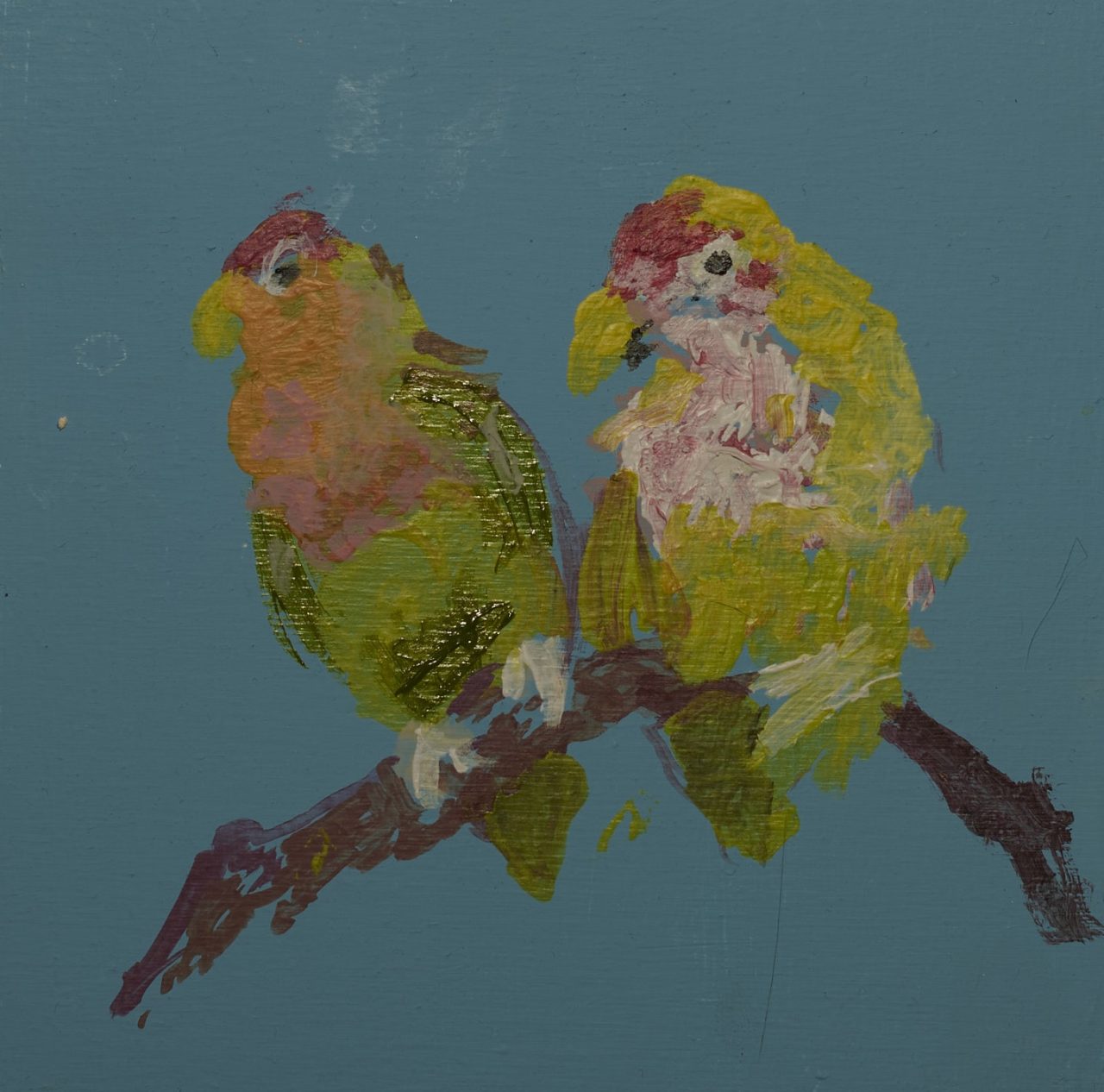 Two colorful birds perched closely on a branch against a plain background.
