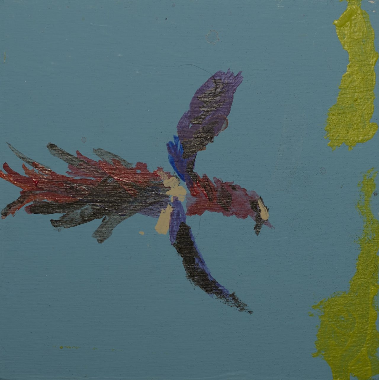 A colorful bird flying near a yellow textured area on a blue background.