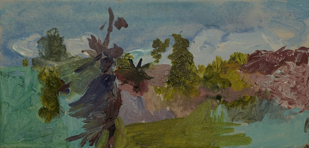 Impressionistic landscape with trees and a cloudy sky.