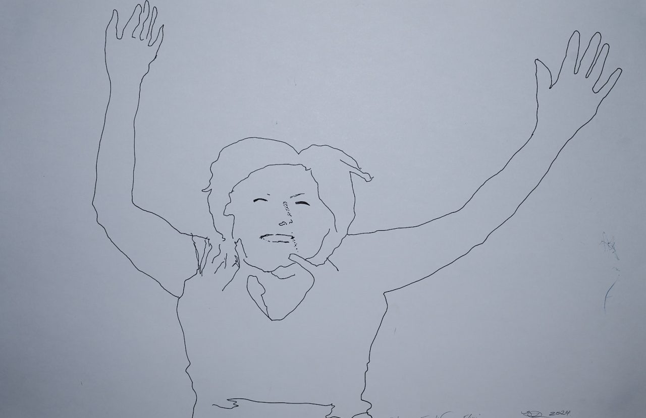 Line drawing of a person with raised arms and an expressive face.
