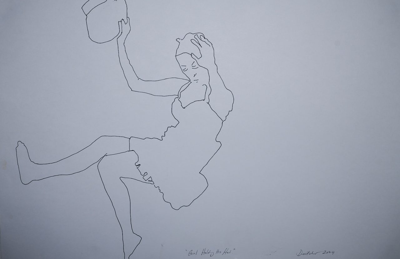 A single-line drawing of a woman dancing joyfully.