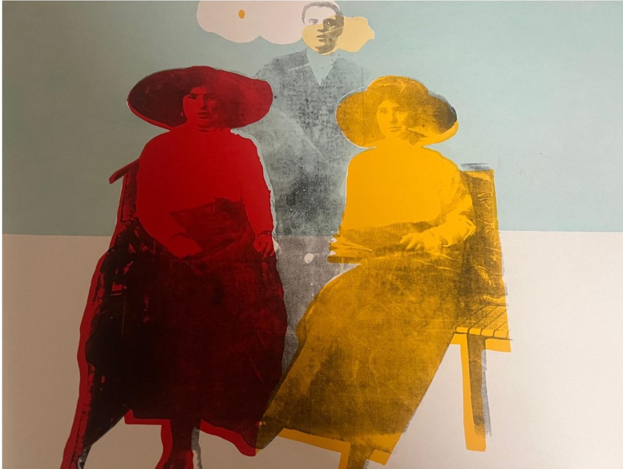Three abstract figures in red, yellow, and gray tones with distinct shapes and clothing.