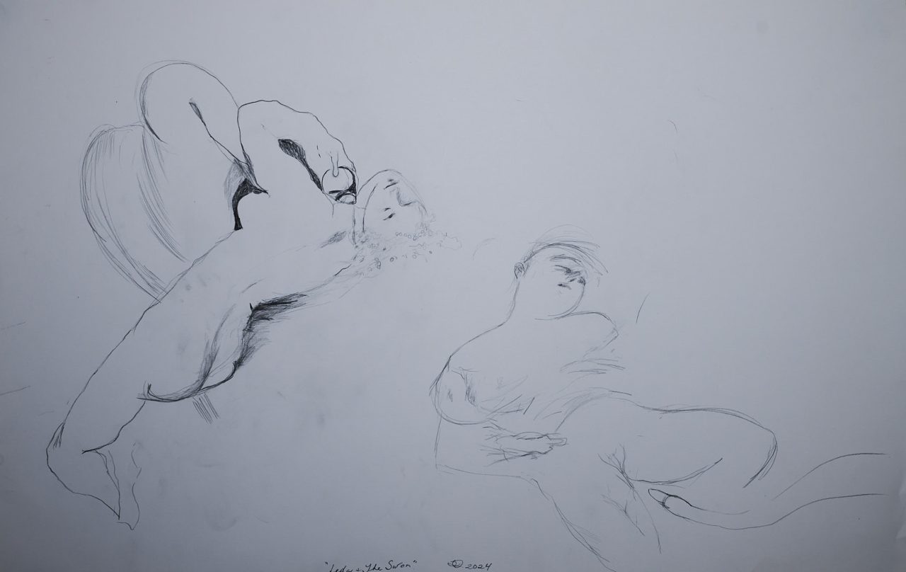 Minimalist pencil sketches of human faces and hands on white paper.