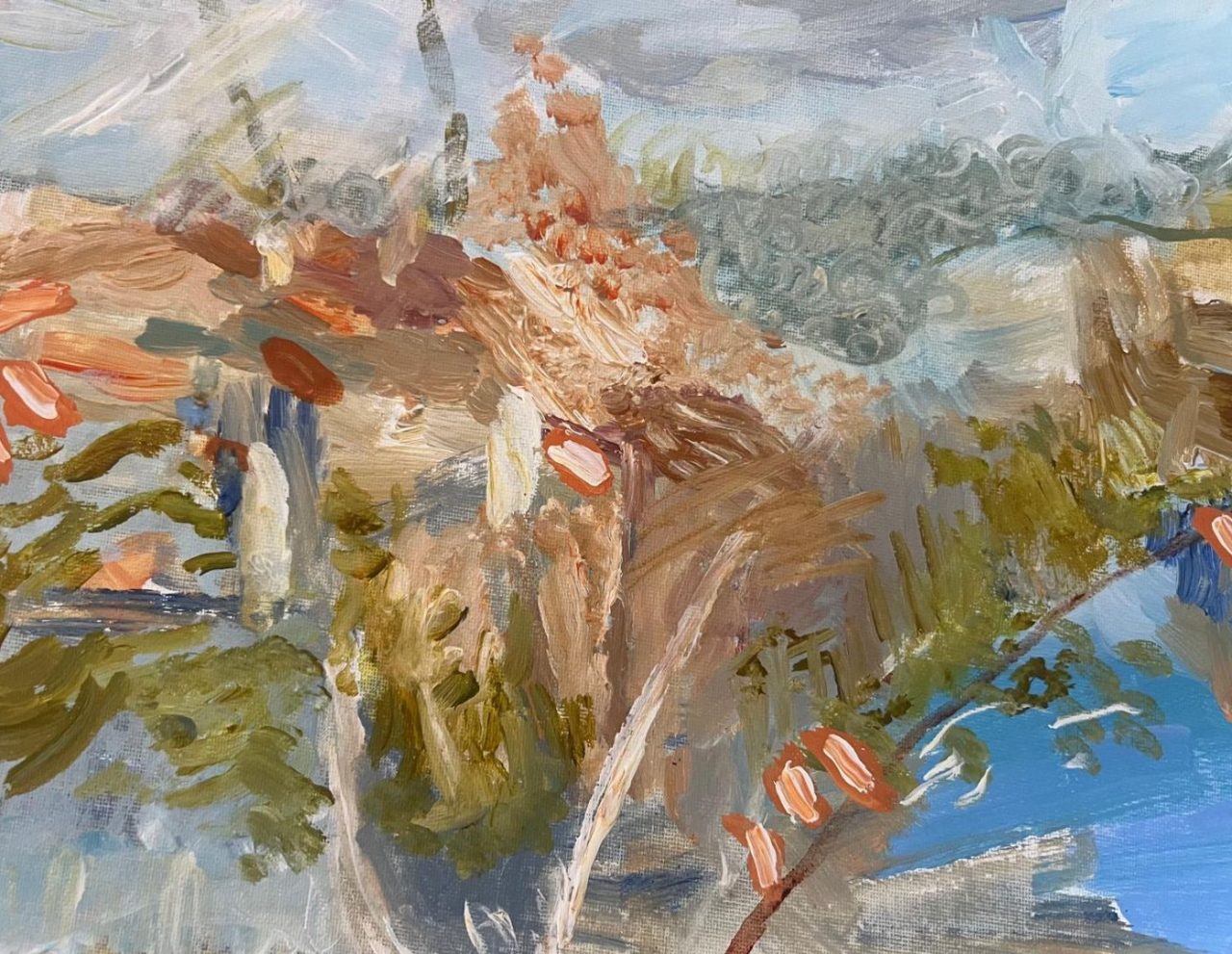 Abstract painting with earthy tones and dynamic brushstrokes.