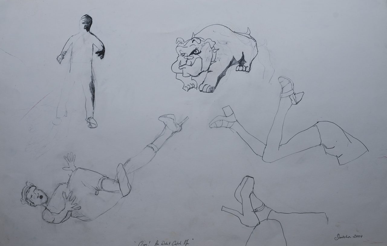 Sketches of human figures and a pig in various poses on paper.