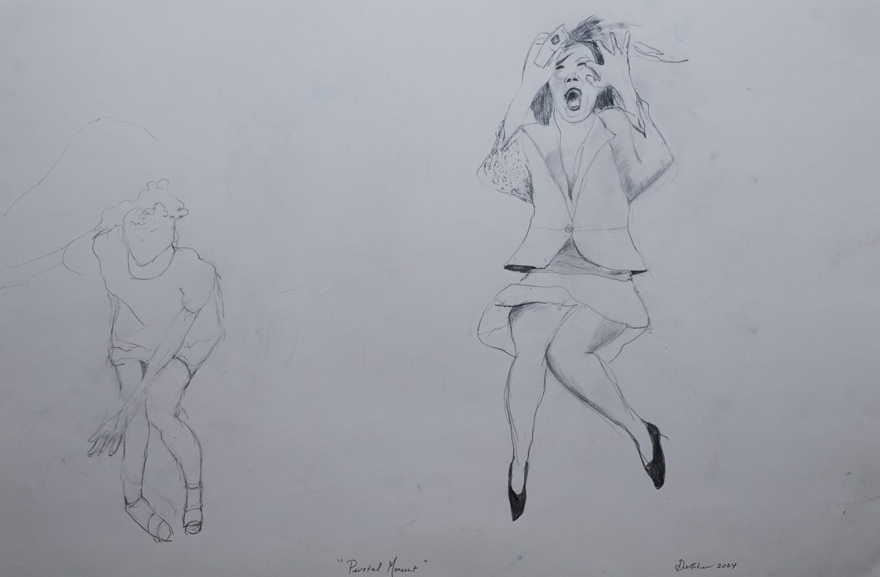 Two pencil sketches of people, one in a casual pose, the other animated with hands on face.