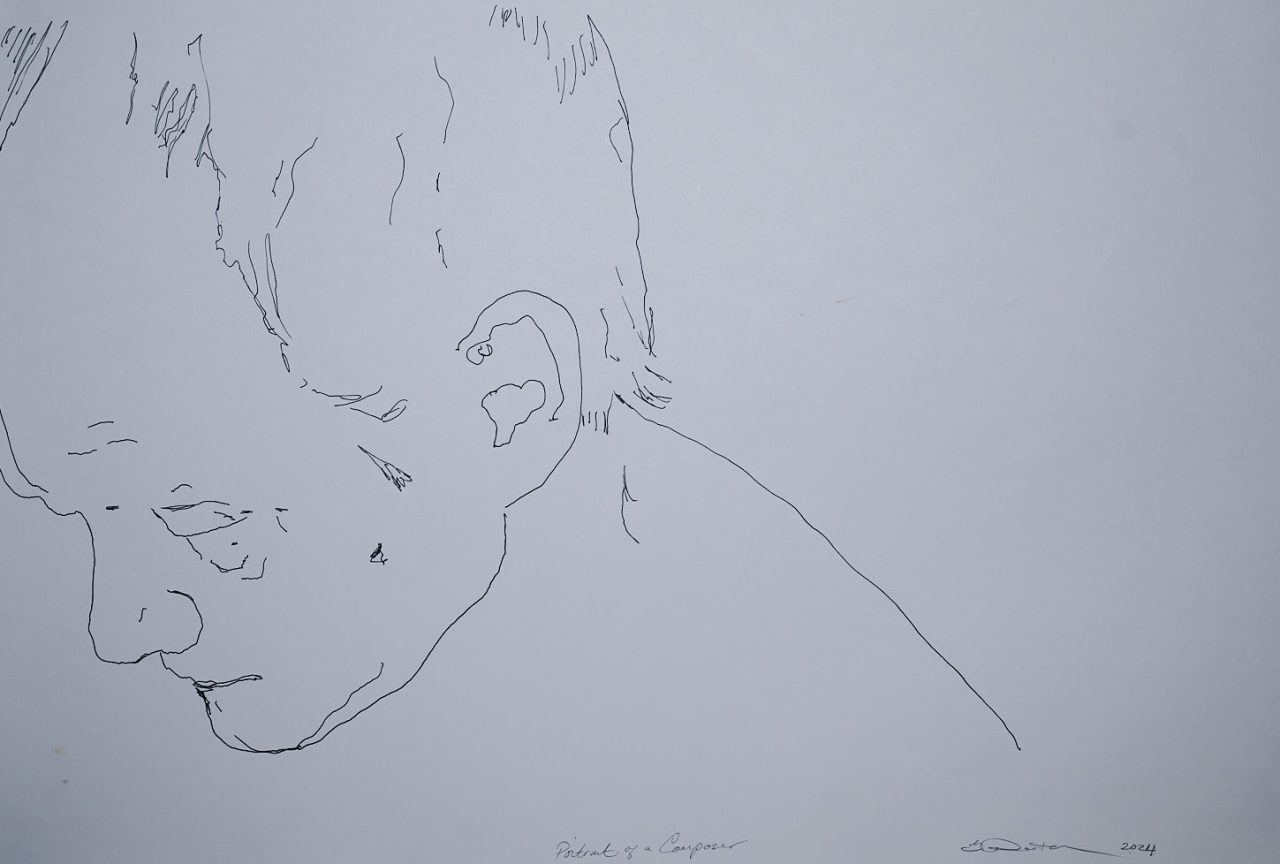 Minimalist line drawing of a person in profile looking down.