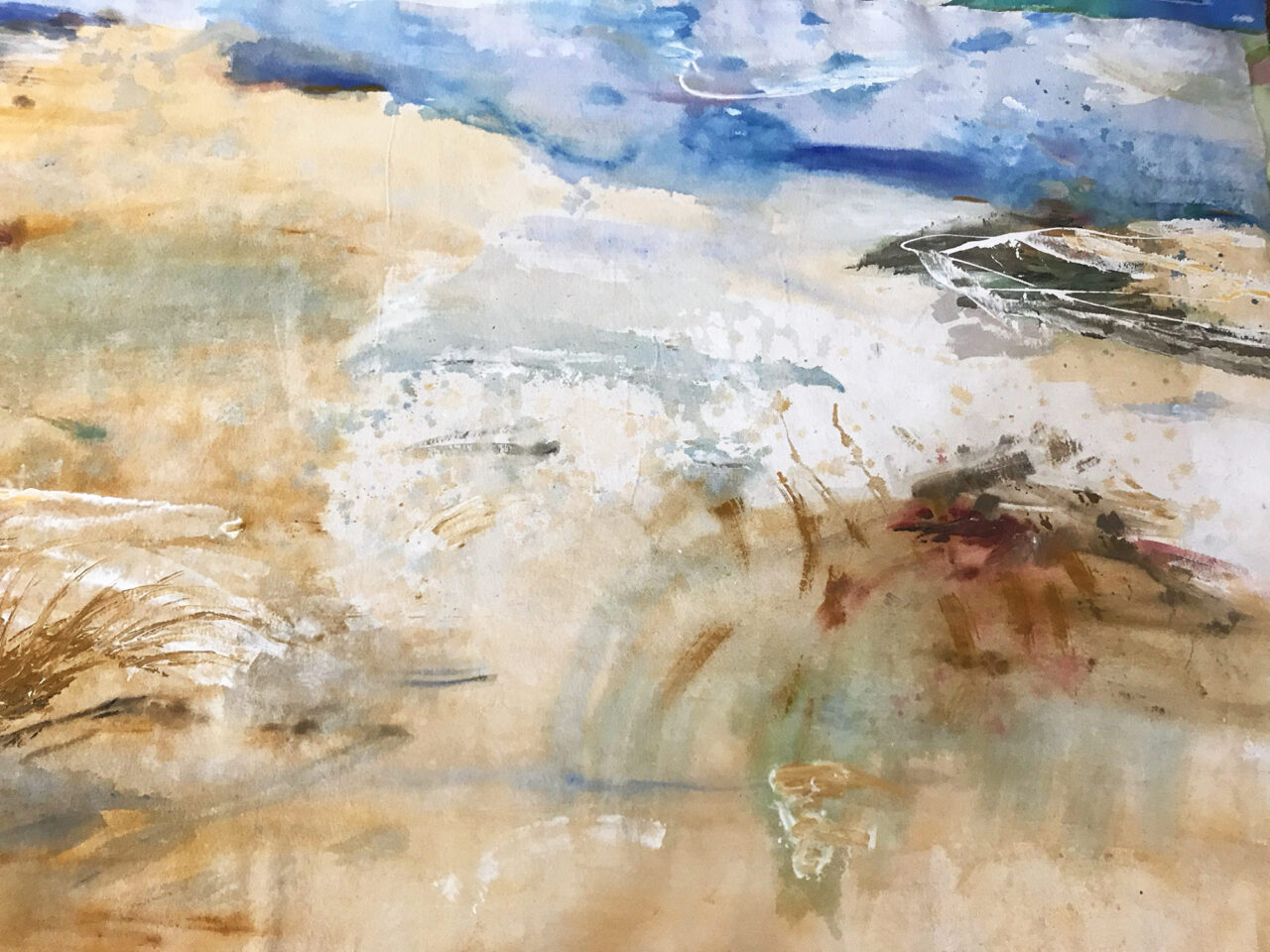 Abstract painting with earthy tones and dynamic brushstrokes.