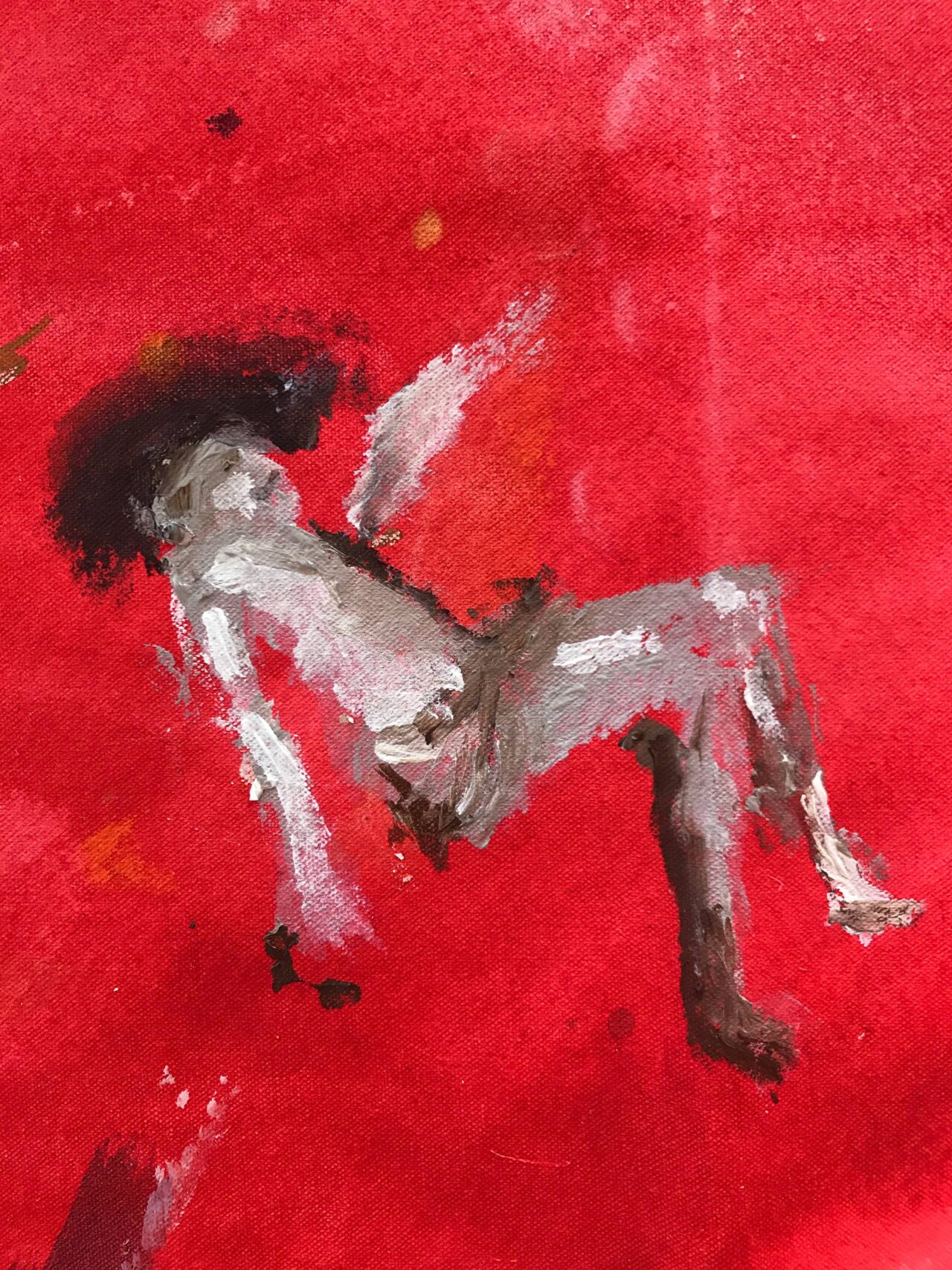 Abstract painting of a reclining figure on a vibrant red background.
