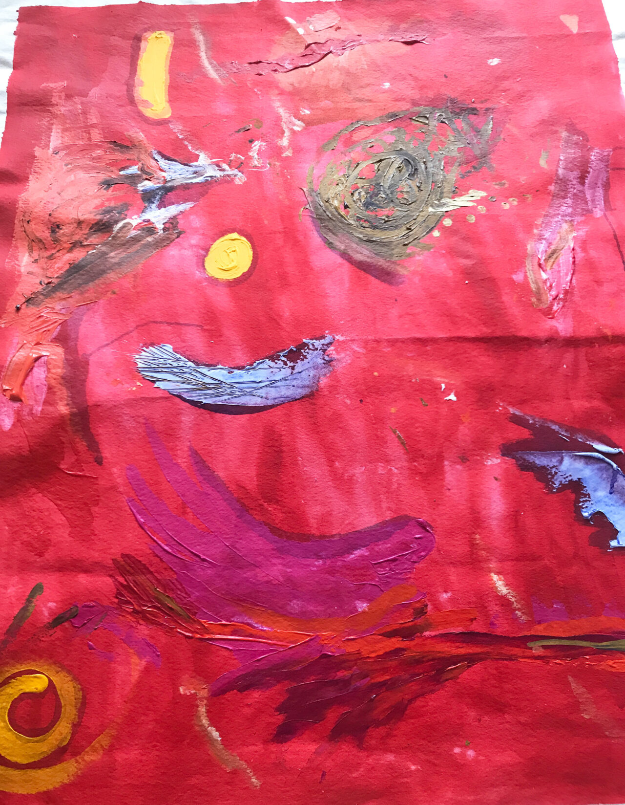 Abstract painting with bold red background and colorful shapes.