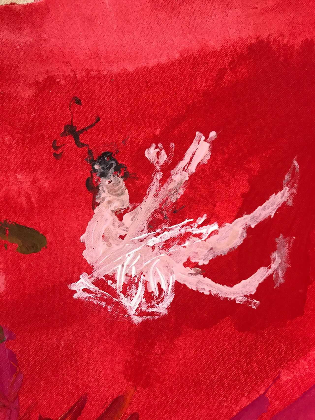 Abstract red painting with a white figure in motion.