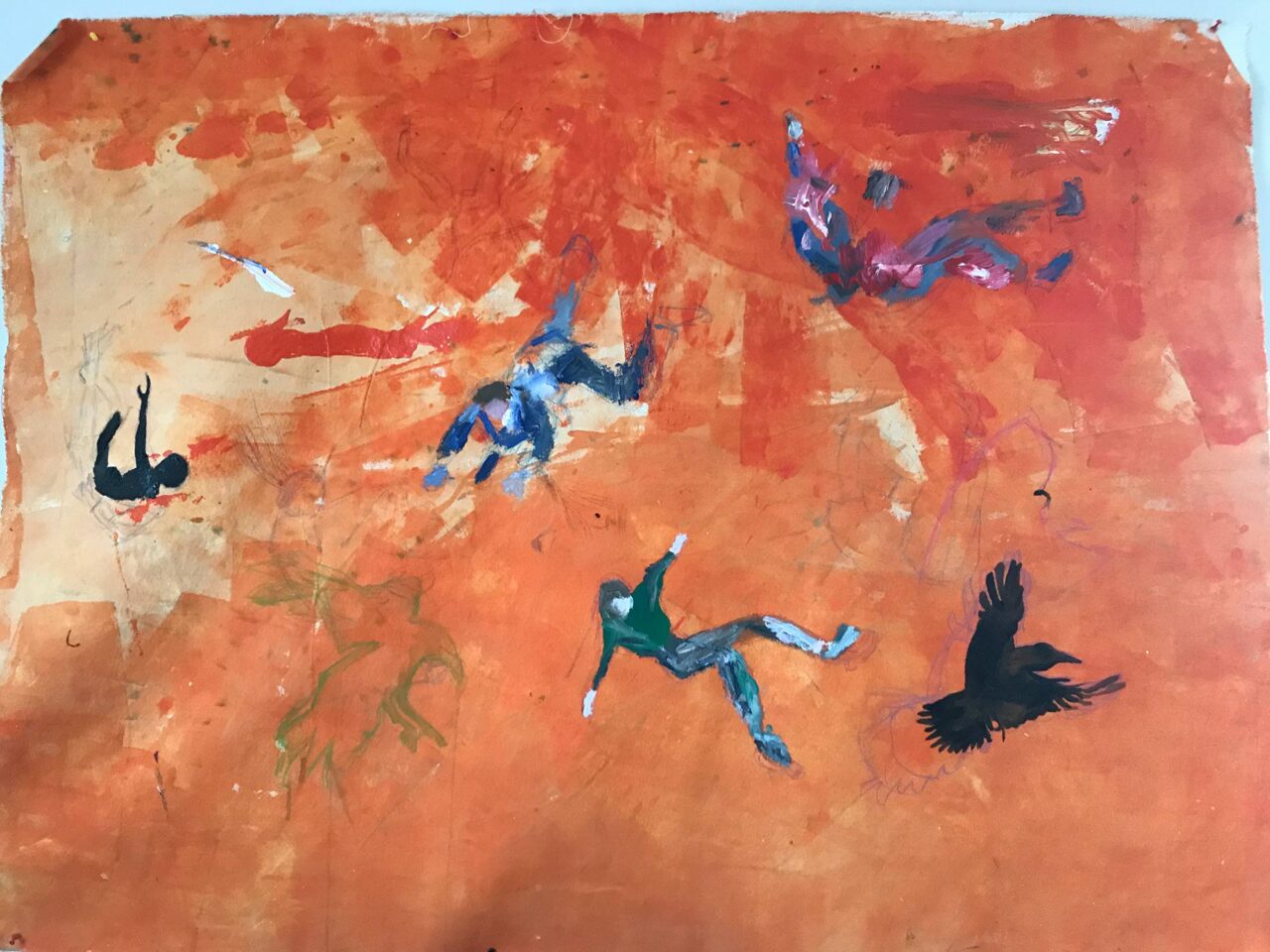 Abstract painting of birds flying against an orange background.