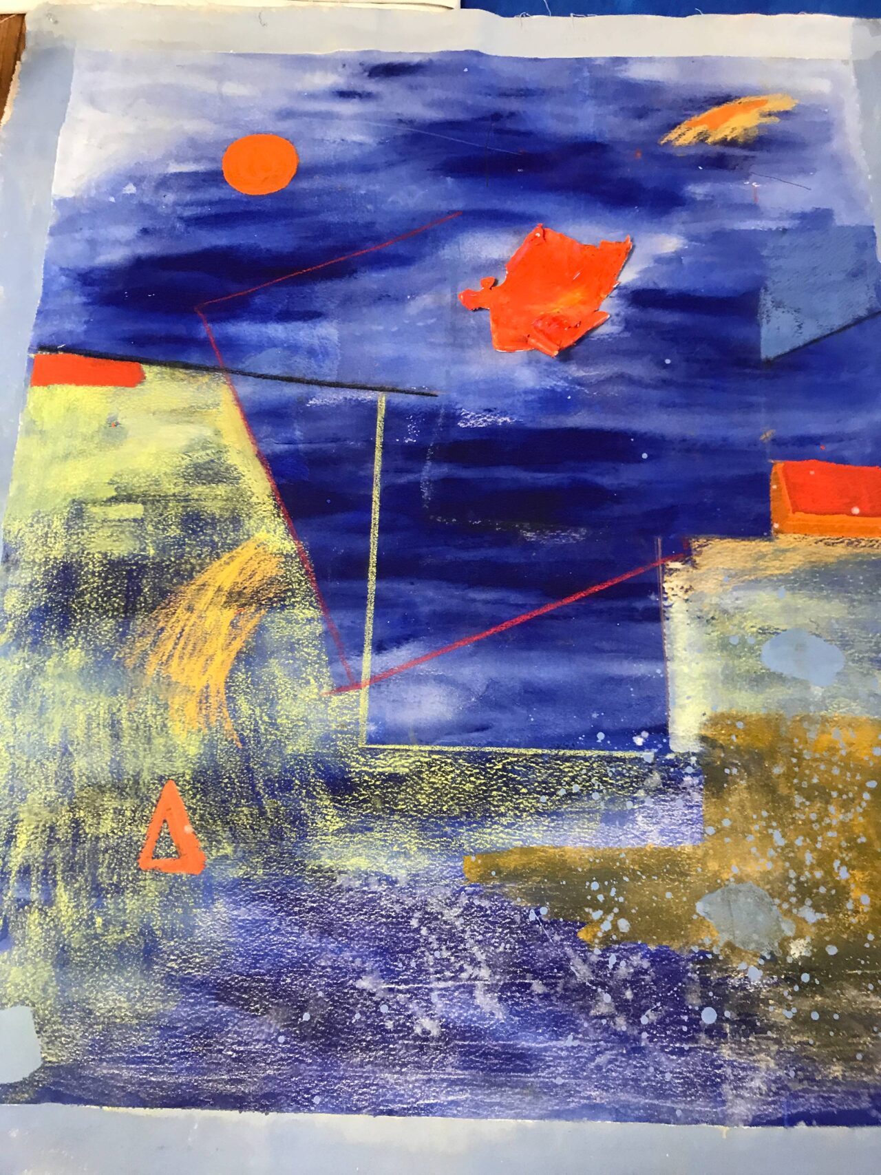 Abstract painting with blue, yellow, and orange shapes and lines.
