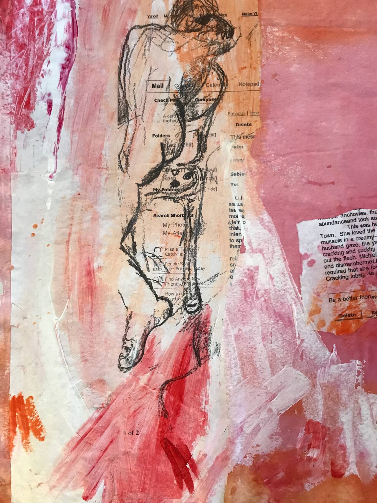 Abstract artwork with a sketch of a hand and layered textures in pink and white.