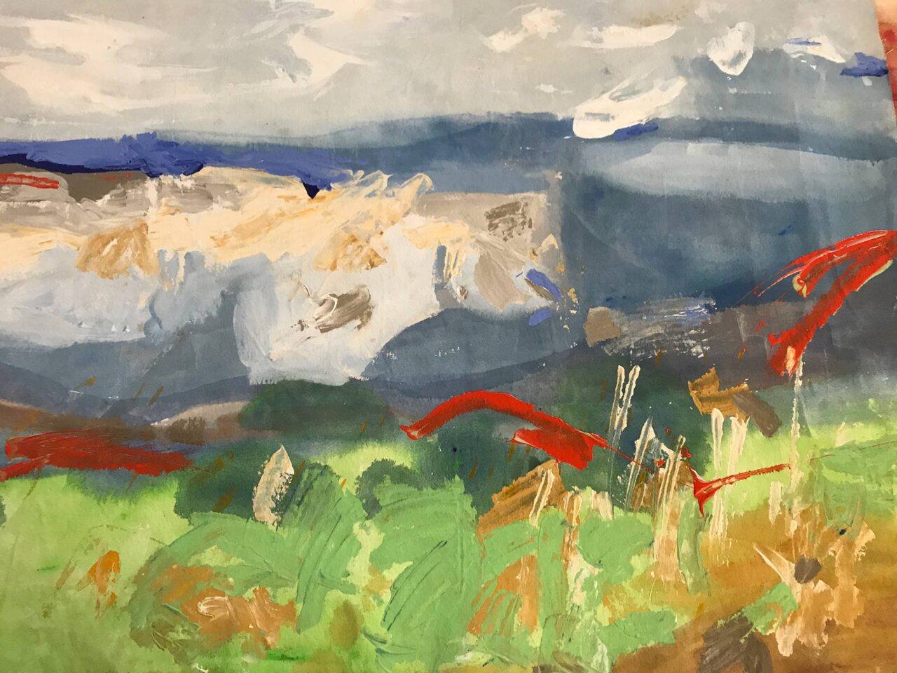Abstract landscape painting with vibrant colors and expressive brushstrokes.