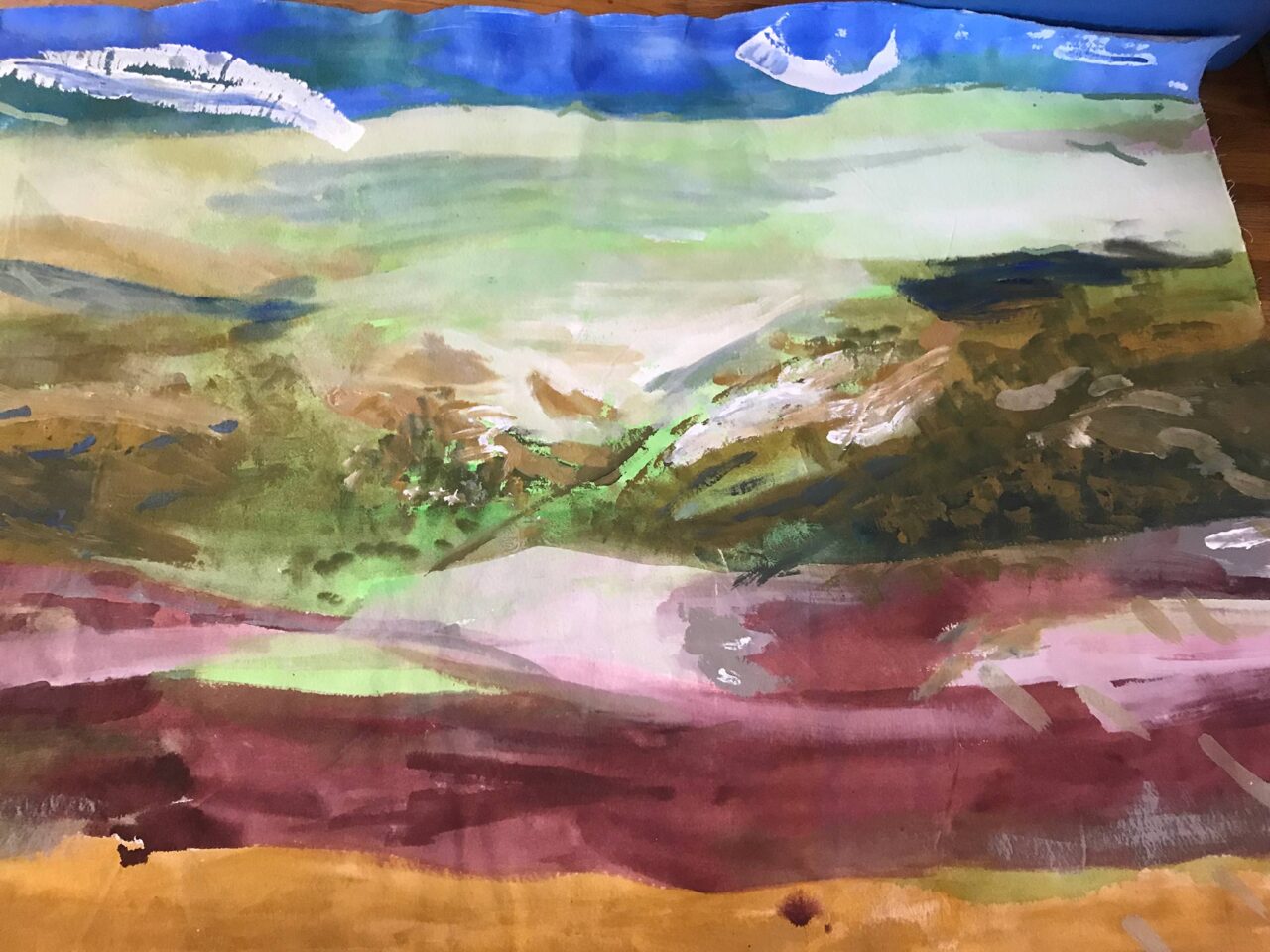 Abstract landscape painting with vibrant colors and bold brushstrokes.