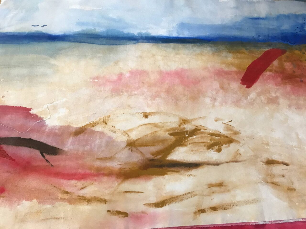 Abstract painting with soft pastel colors and flowing forms.