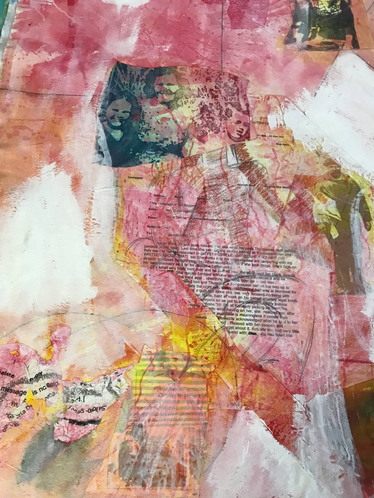 Abstract mixed media artwork with layered textures and text fragments.