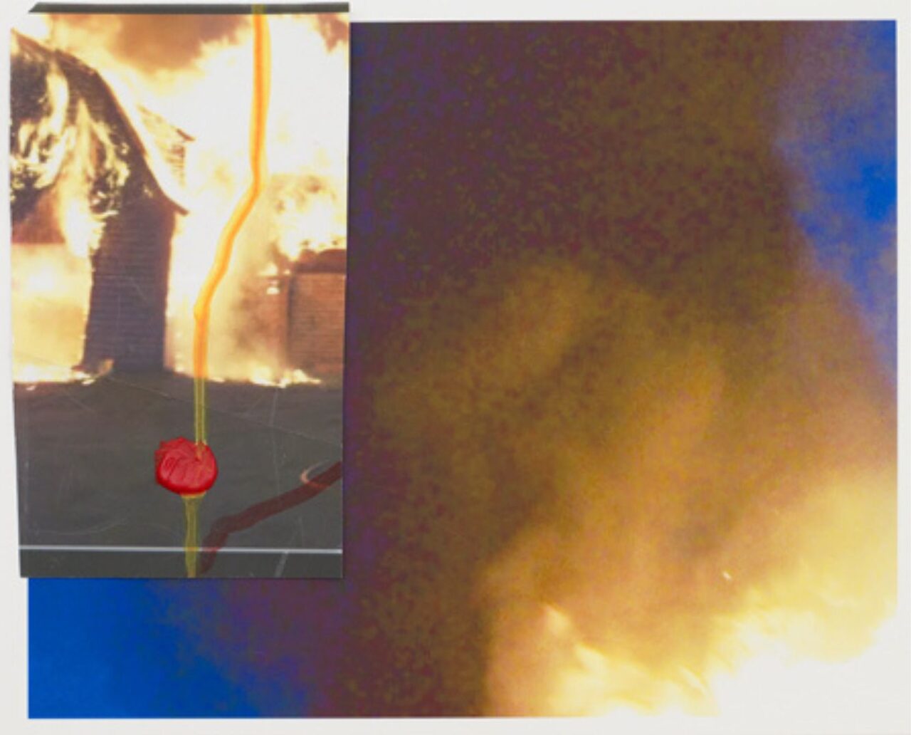A dramatic explosion with fire and smoke in a dark setting.